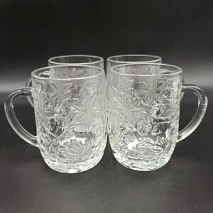Princess House Fantasia Mugs Set of 4 Pressed Glass 4" 1965-2020 Floral